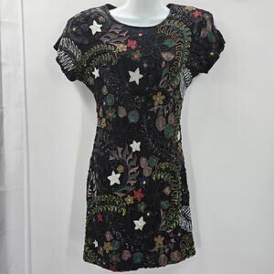 Eves Allure Vtg 90s Maximal Glam Celestial Stars Moon Silk Beaded Mini Dress S